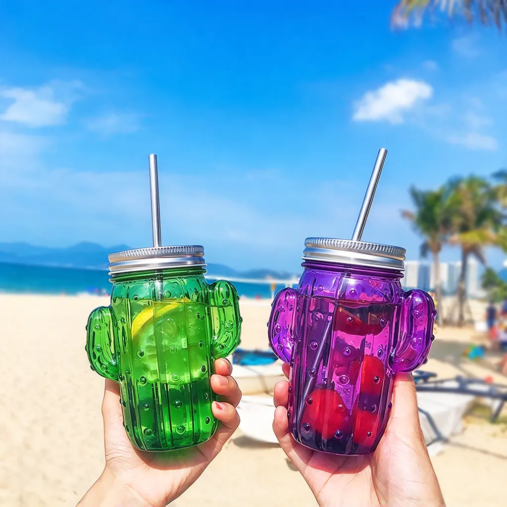 450ml Cactus Glass Drinking Bottles with Lids and Straw in Bulk