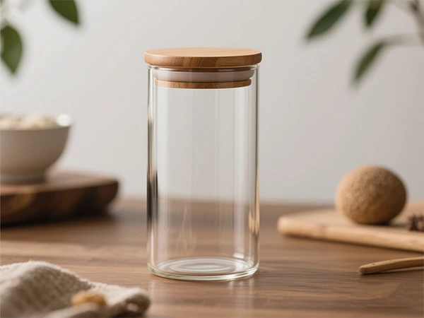 A borosilicate glass jar with a bamboo lid for food storage.
