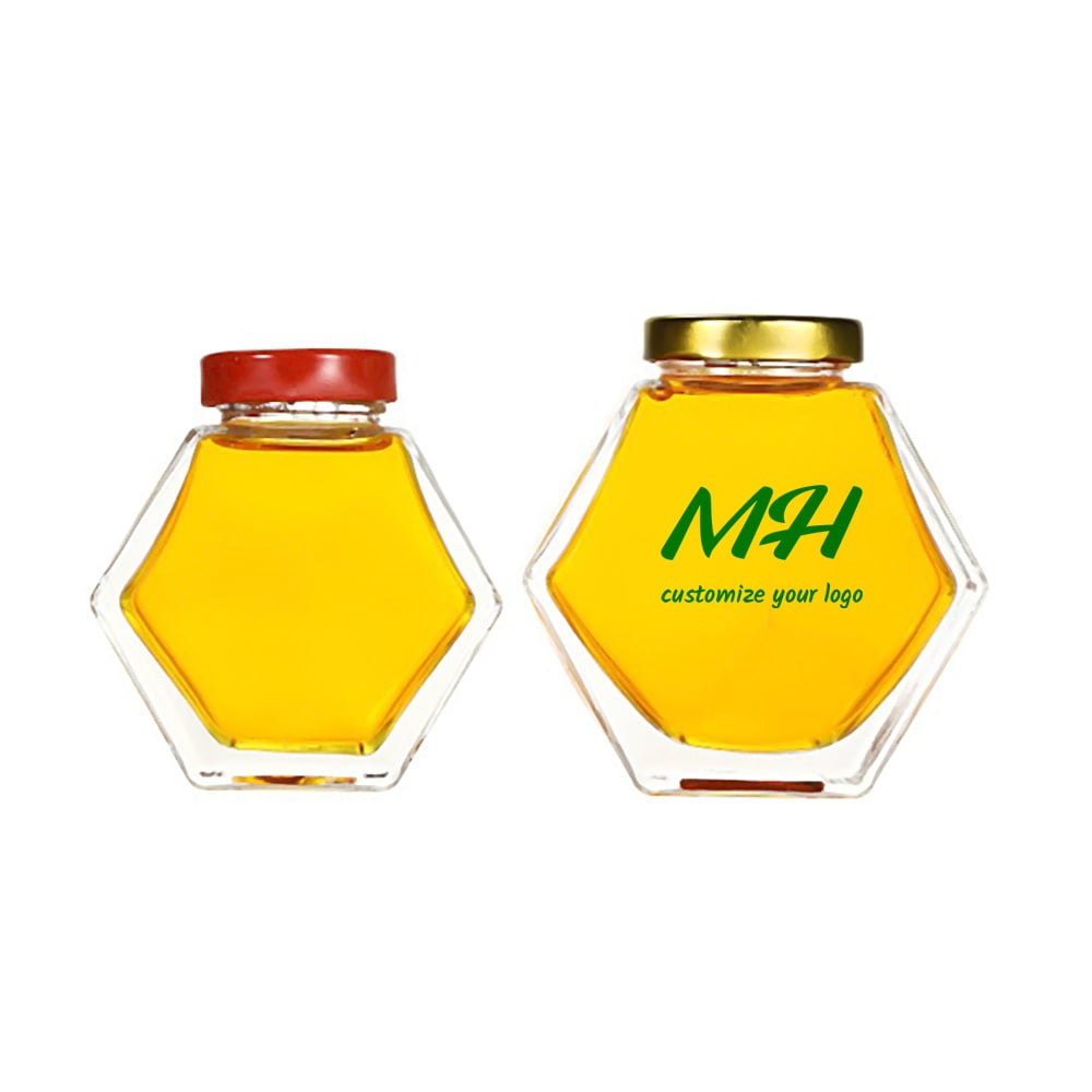 Hexagonal Glass Honey Bottles with Metal Lids