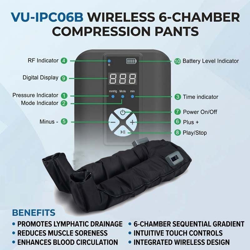 VU-IPC06B Wireless 6 Chamber Air Compression Massage Pants for Leg Swelling Relief