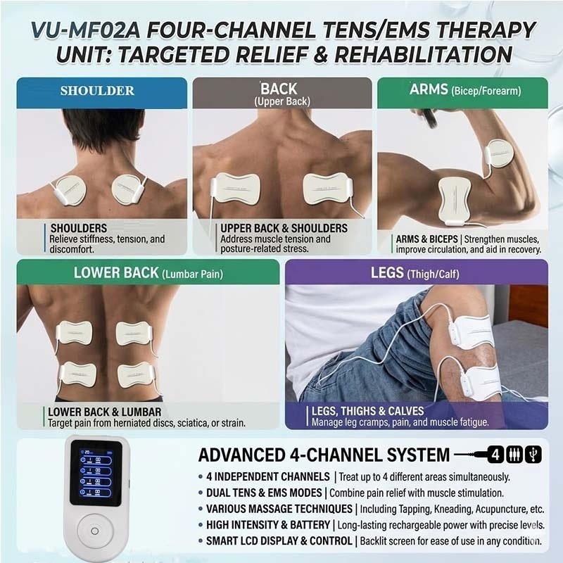 Перезаряжаемый четырёхканальный аппарат TENS/EMS VU-MF02A для обезболивания