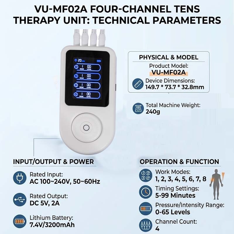 Перезаряжаемый четырёхканальный аппарат TENS/EMS VU-MF02A для обезболивания