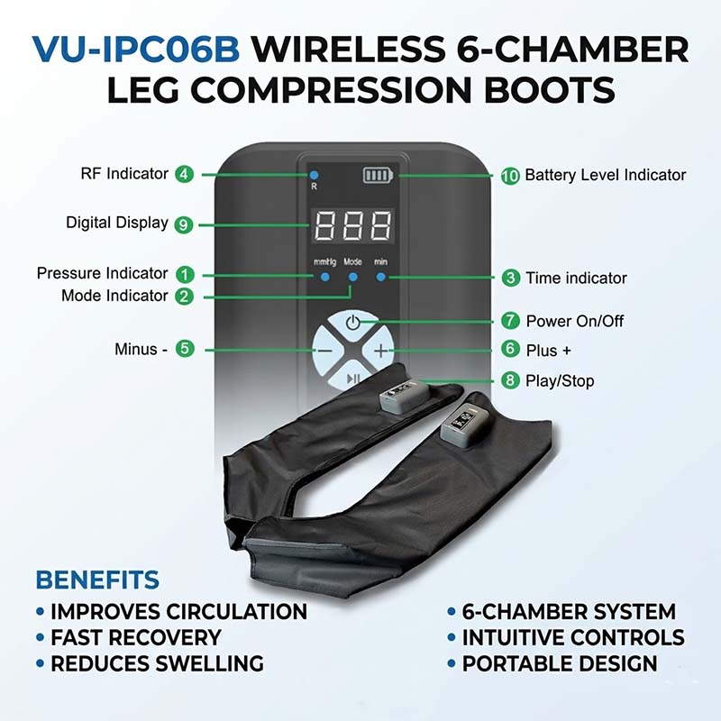 VU-IPC06B Wireless 6 Chamber Air Compression Leg Massage Boots