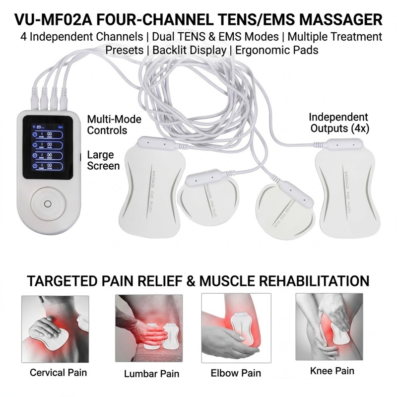 Перезаряжаемый четырёхканальный аппарат TENS/EMS VU-MF02A для обезболивания