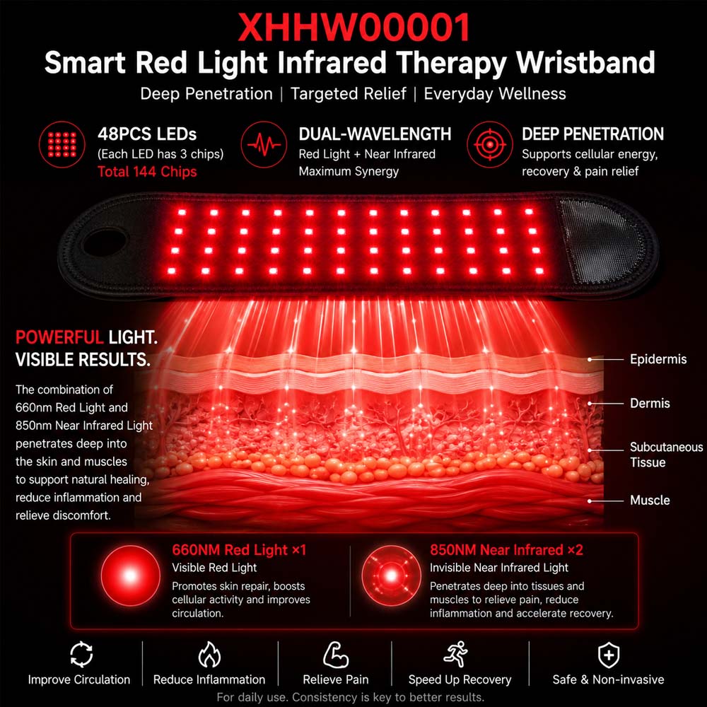 Non-invasive Red Light Infrared Therapy Wristband with 660nm Red & 850nm Near-infrared Light