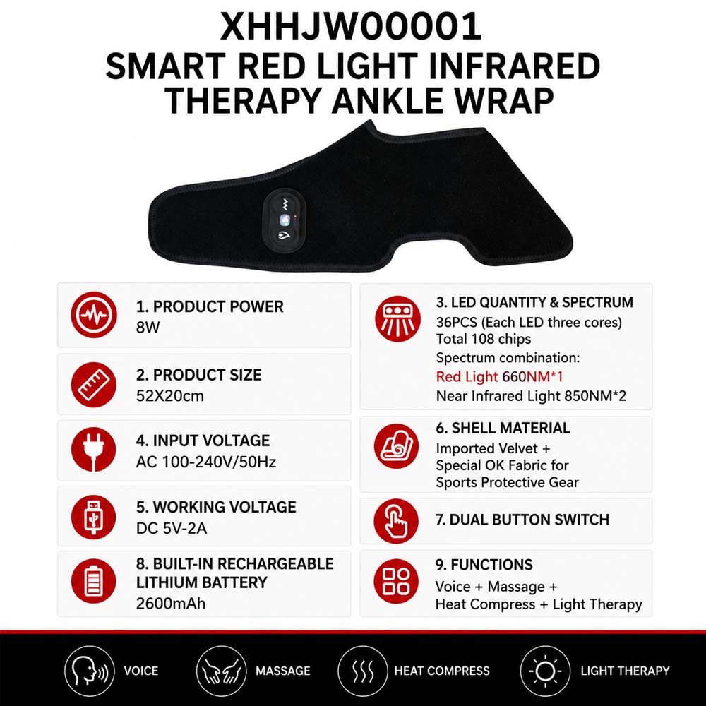 Wireless Rechargeable Red/Infrared Light Therapy Ankle Brace