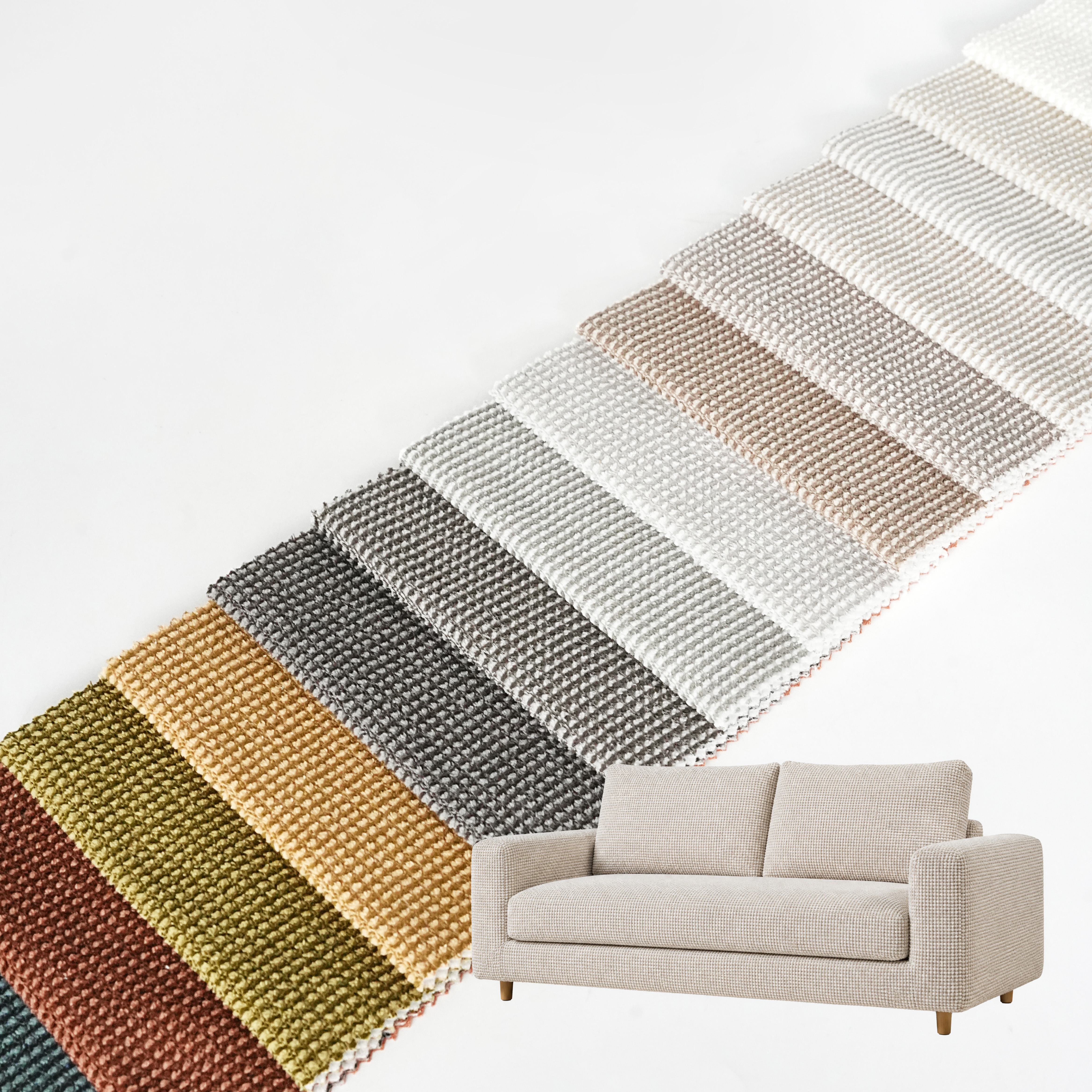Wejoy Grossist 300 g/m² 100 % polyester chenille-stof med lille gitterstruktur, jacquardvævet polstringstekstil til sofaer, stole og møbelfabrikanter – høj holdbarhed og skrabebestandigt; 2026s trendfarver i varme, neutrale jordtoner som oliv, beige og rust; kan tilpasses efter meterangivelse
