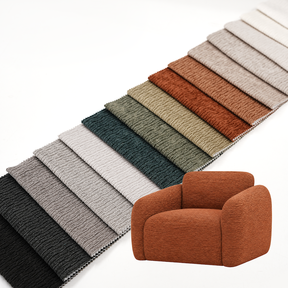 Wejoy Grossist 310 g/m², 100 % polyester, kædetrådsknittede tricot-polstring til sofa- og møbelpolstring, solgt pr. meter – tilpasset længde efter bestilling. Høj holdbarhed og formstabilitet. Trendstruktur for 2026: ribbet struktur i varme neutrale jordtoner