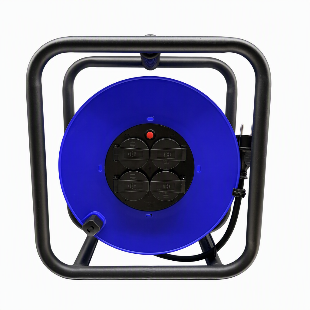 4 Way IP44 Schuko Cable Reel, Heavy Duty Extension Cord Reel with Metal Frame & Overload Protection