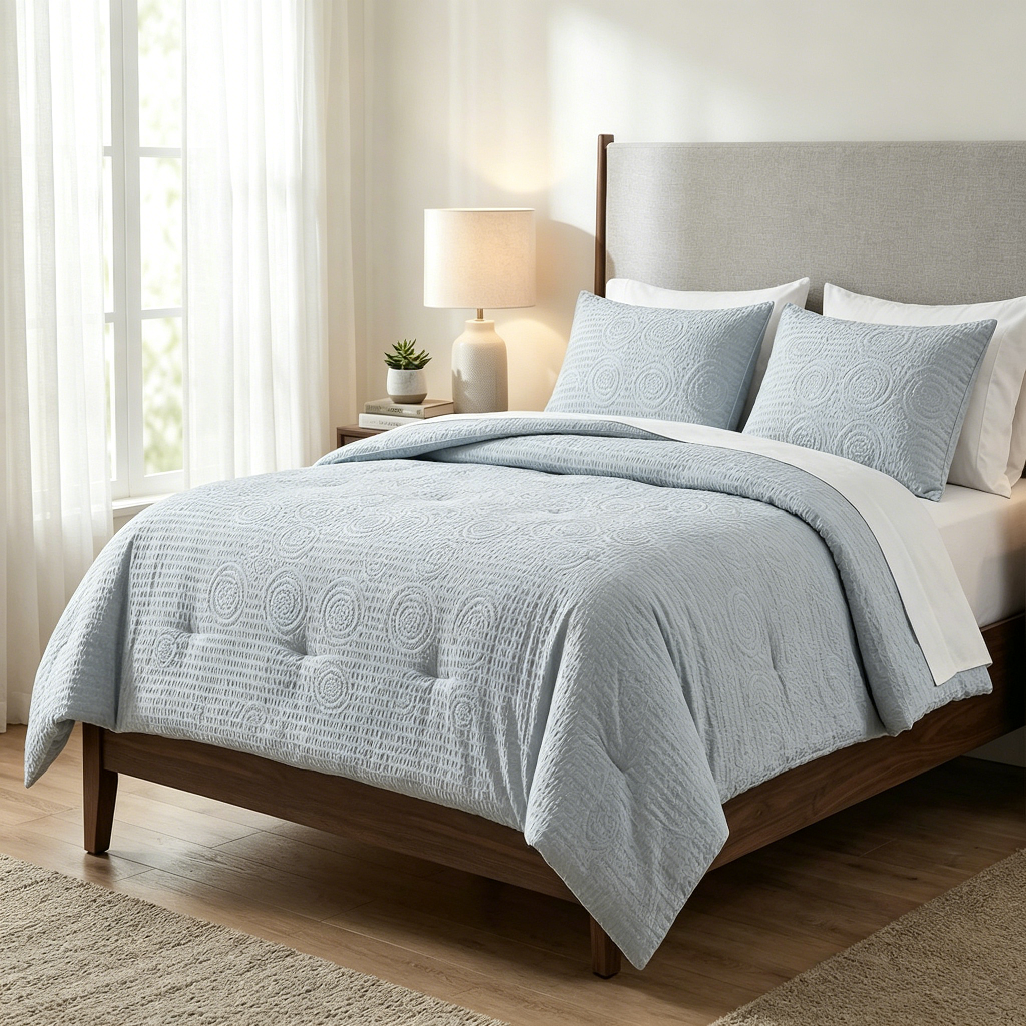HONI 155gsm Circle Seersucker 3-Piece Comforter Set – Breathable, Lightweight & Wrinkle-Free All-Season Bedding