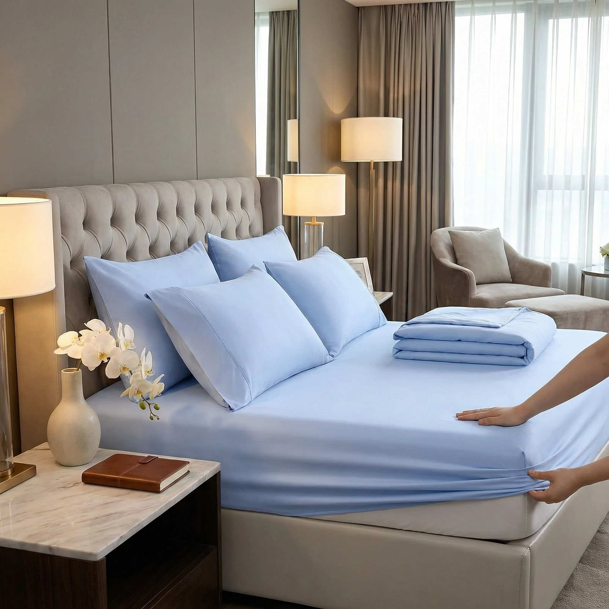 Cooling Jersey Knit 4-Piece Sheet Set–4-Way Stretch, Ultra Silky Soft, Wrinkle-Resistant&Quick Dry (90% Nylon/10% Spandex)