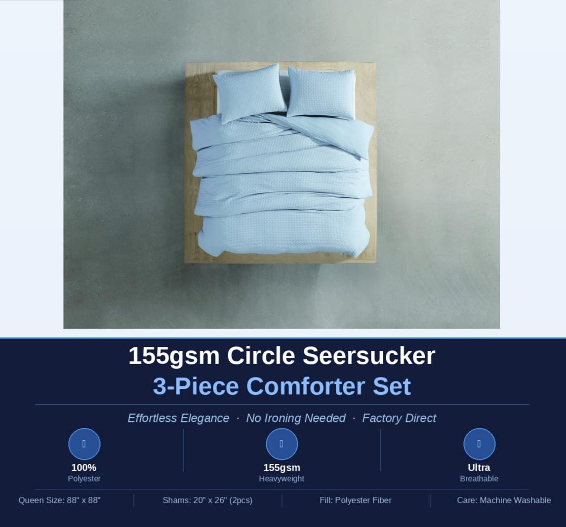 HONI 155gsm Circle Seersucker 3-Piece Comforter Set – Breathable, Lightweight & Wrinkle-Free All-Season Bedding