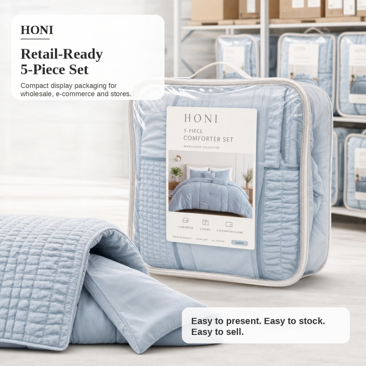 HONI Luxury 5-Piece Seersucker Comforter & Cushion Cover Set Dyed Fine-Stripe Front | Brushed Soft Reverse | 105gsm / 75gsm