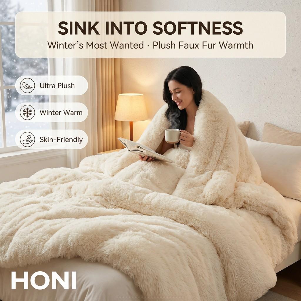 300gsm Plush Faux Rabbit Fur Comforter Set + 90gsm Washed Crepe Fabric – 3-Piece Ultra-Soft Winter Bedding Set (Ivory)