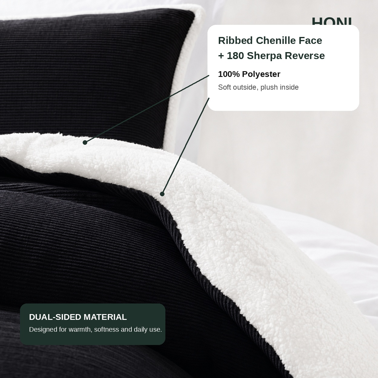 HONI 260gsm Piano Stripe Chenille & 180gsm Sherpa Reversible Comforter Set – Plush Warmth, Two-Sided Style, 3PC Set