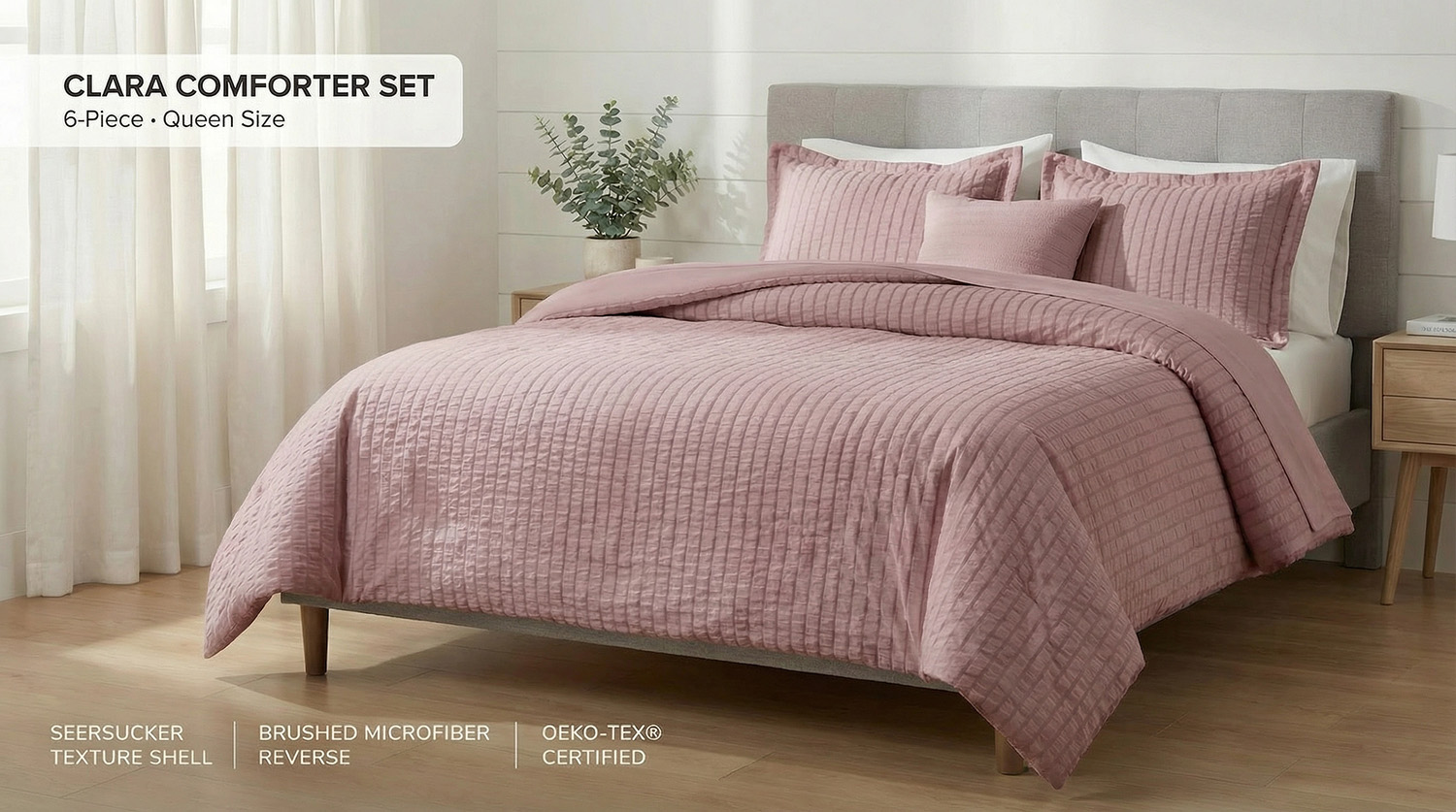 HONI Modern 5pcs Breathable Cooling 110gsm Seersucker Bedding Set 75gsm Solid Microfiber Comforter Set manufacture