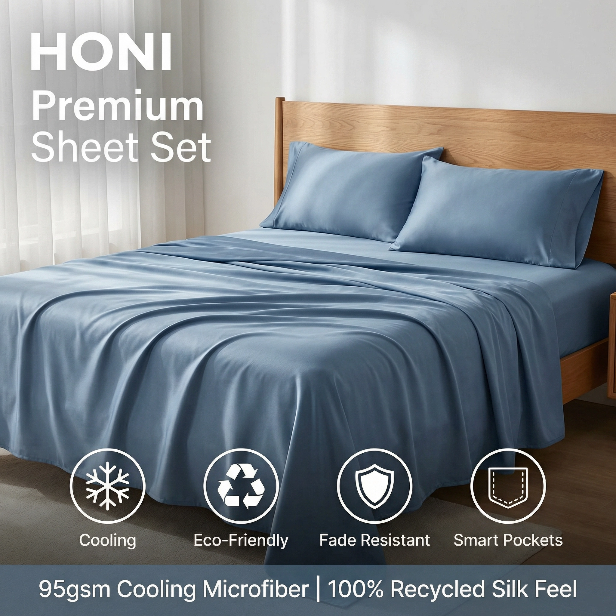 HONI Premium Cooling Sheet Set – Eco-Friendly, Fade Resistant, with Smart Pocket & Deep Elastic Fit