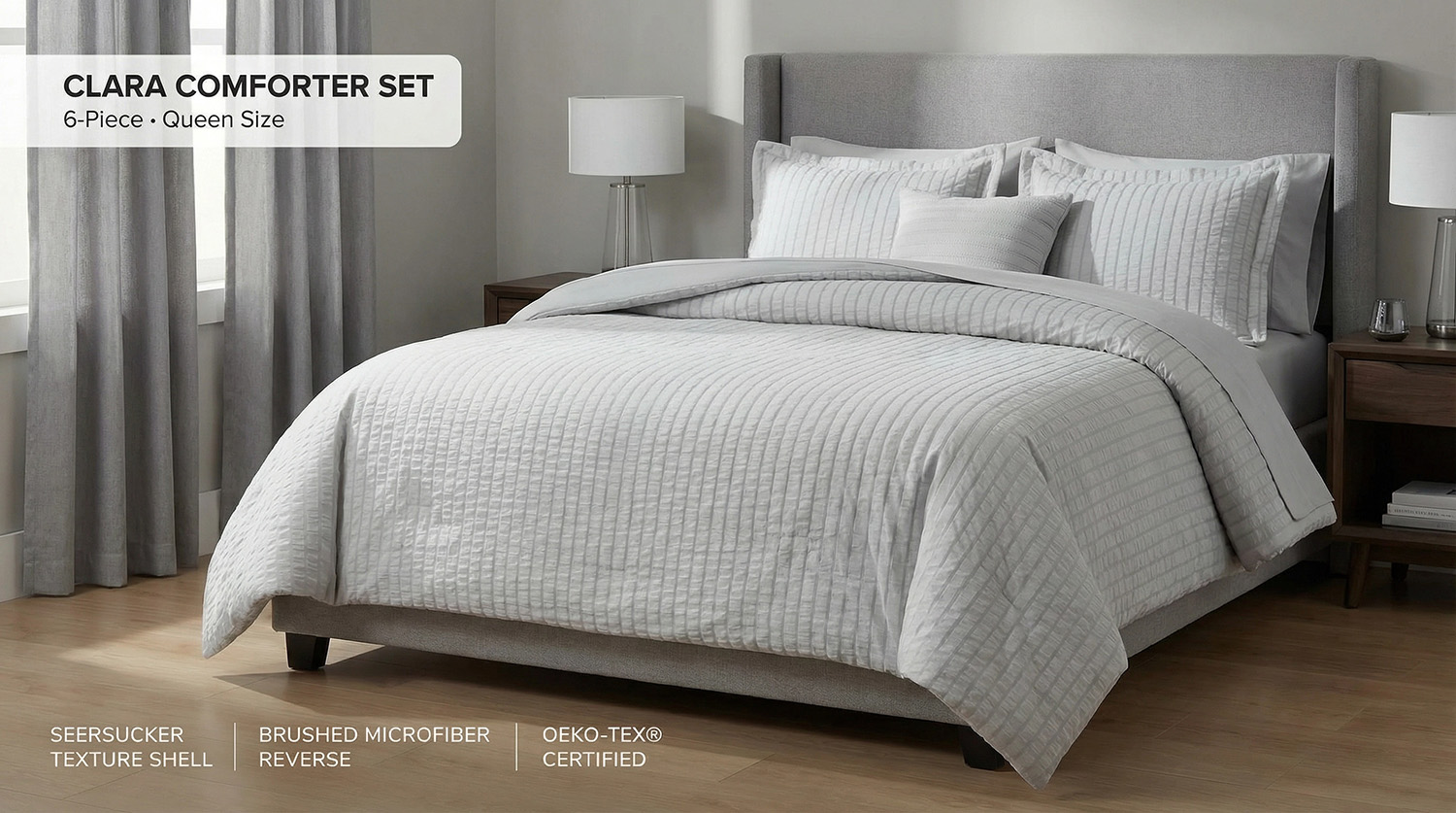 HONI Modern 5pcs Breathable Cooling 110gsm Seersucker Bedding Set 75gsm Solid Microfiber Comforter Set details