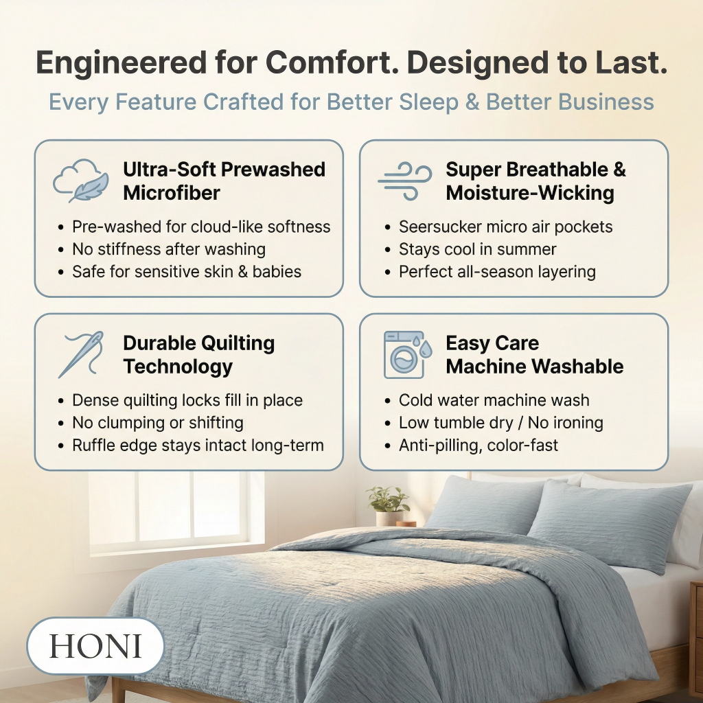 Premium 3-Piece Comforter Set – 120gsm 4-Way Stretch Seersucker & 95g Yarn-Dyed Washed Crinkle Fabric
