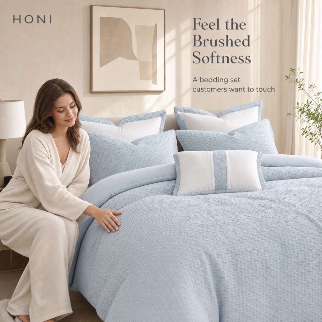 HONI 180gsm Fish Scale Seersucker + 85gsm Washed Brushed Fabric 6-Piece Comforter Set – Dual-Tone Textured Luxury Bedding