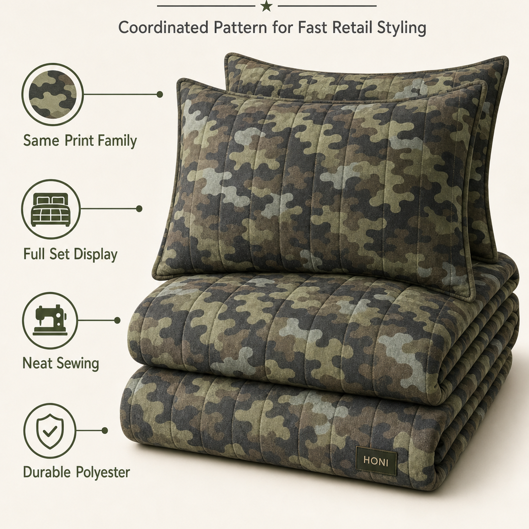 5-Piece Camo Comfort Quilt Set – 95gsm Inkjet & Dyed Quilt + 260gsm Double-Sided Semi-Dull Flannel Blanket + 95gsm Printed Throw Pillows – Retail-Ready Polyester Bedding Set