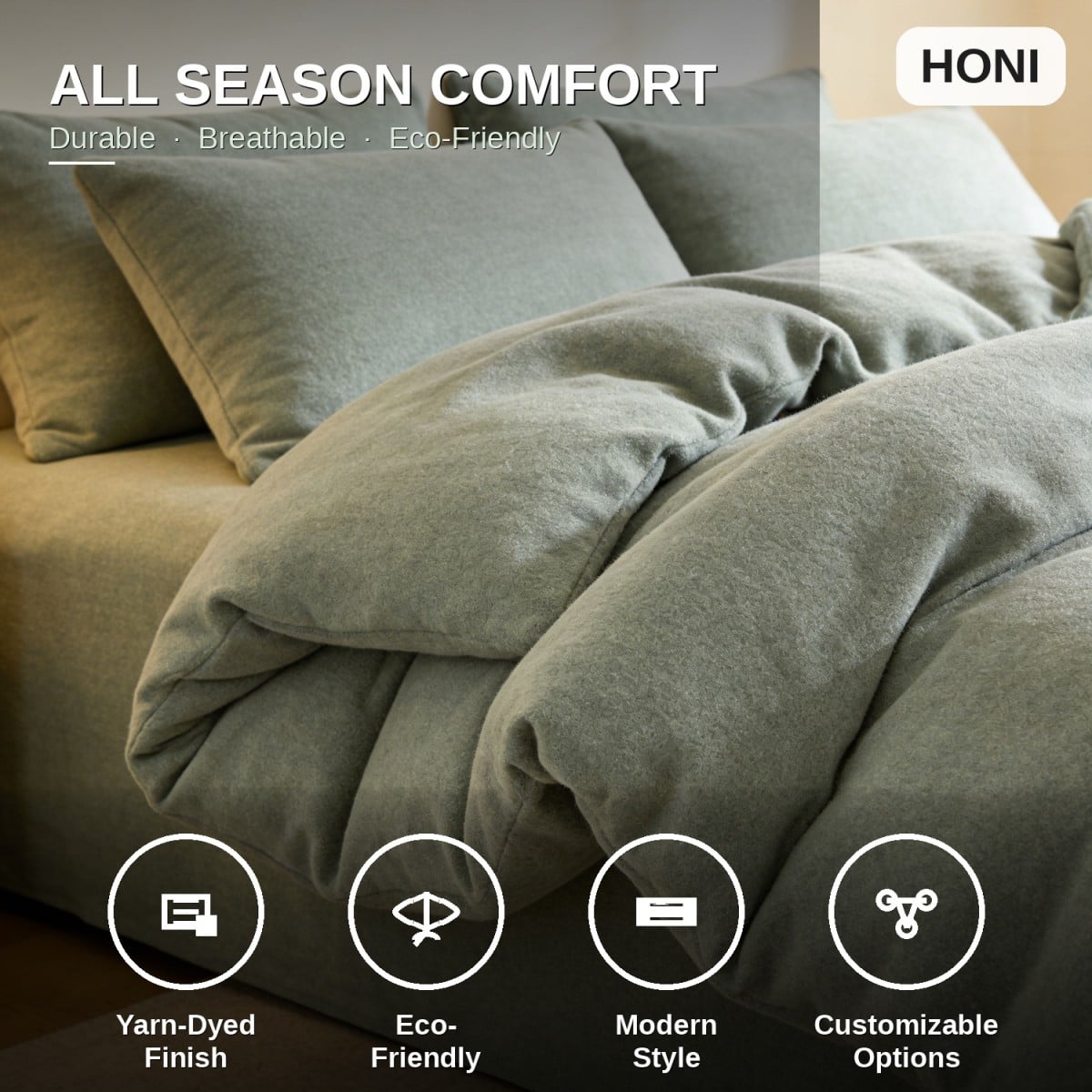 HONI 150gsm 100% 3 Piece Cotton Chambray Duvet Cover Set –144T Plain Weave