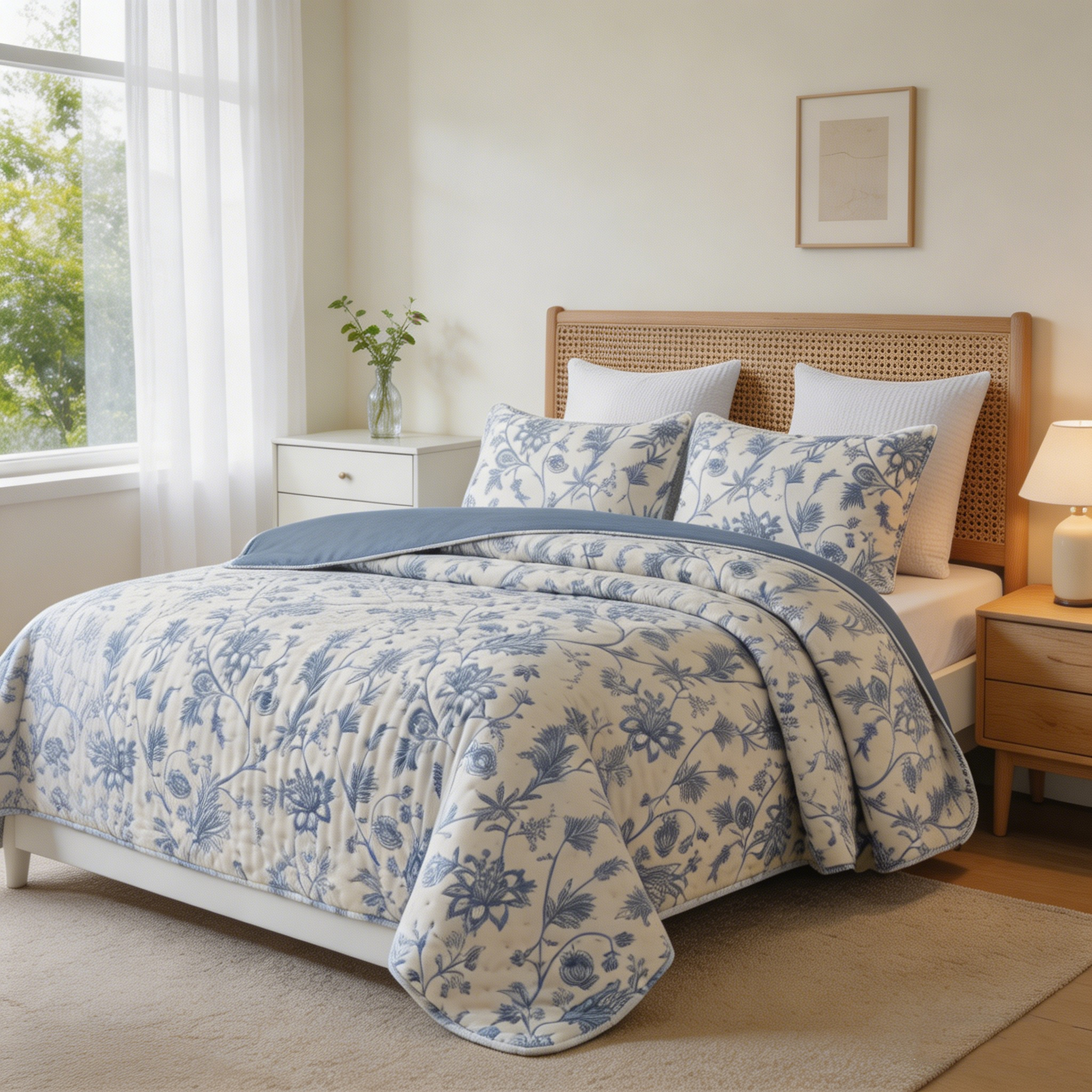 80gsm Lightweight Printed Quilt –Blue Fern Floral &Gray-Blue Reversible Bedspread