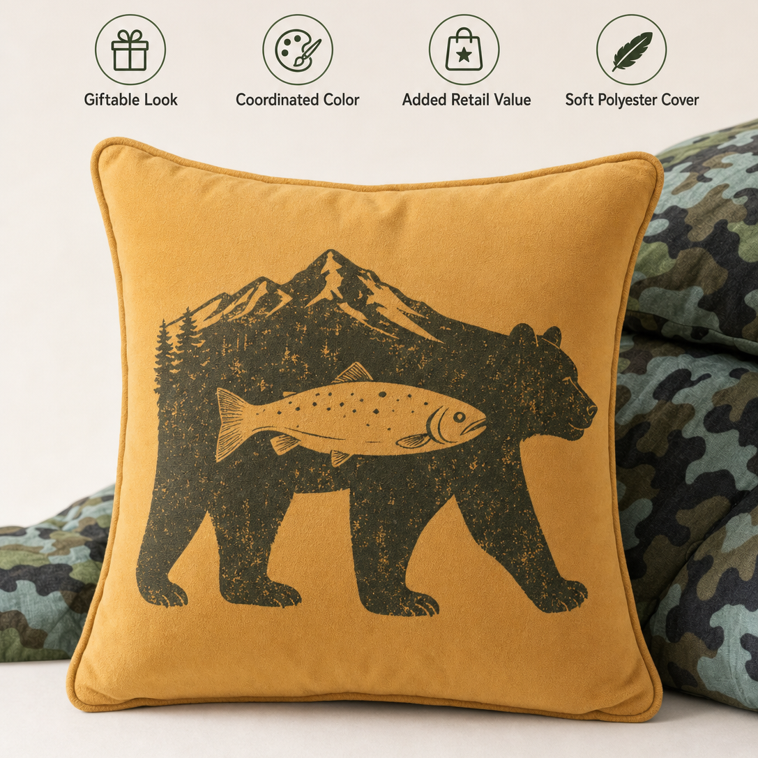 5-Piece Camo Comfort Quilt Set – 95gsm Inkjet & Dyed Quilt + 260gsm Double-Sided Semi-Dull Flannel Blanket + 95gsm Printed Throw Pillows – Retail-Ready Polyester Bedding Set