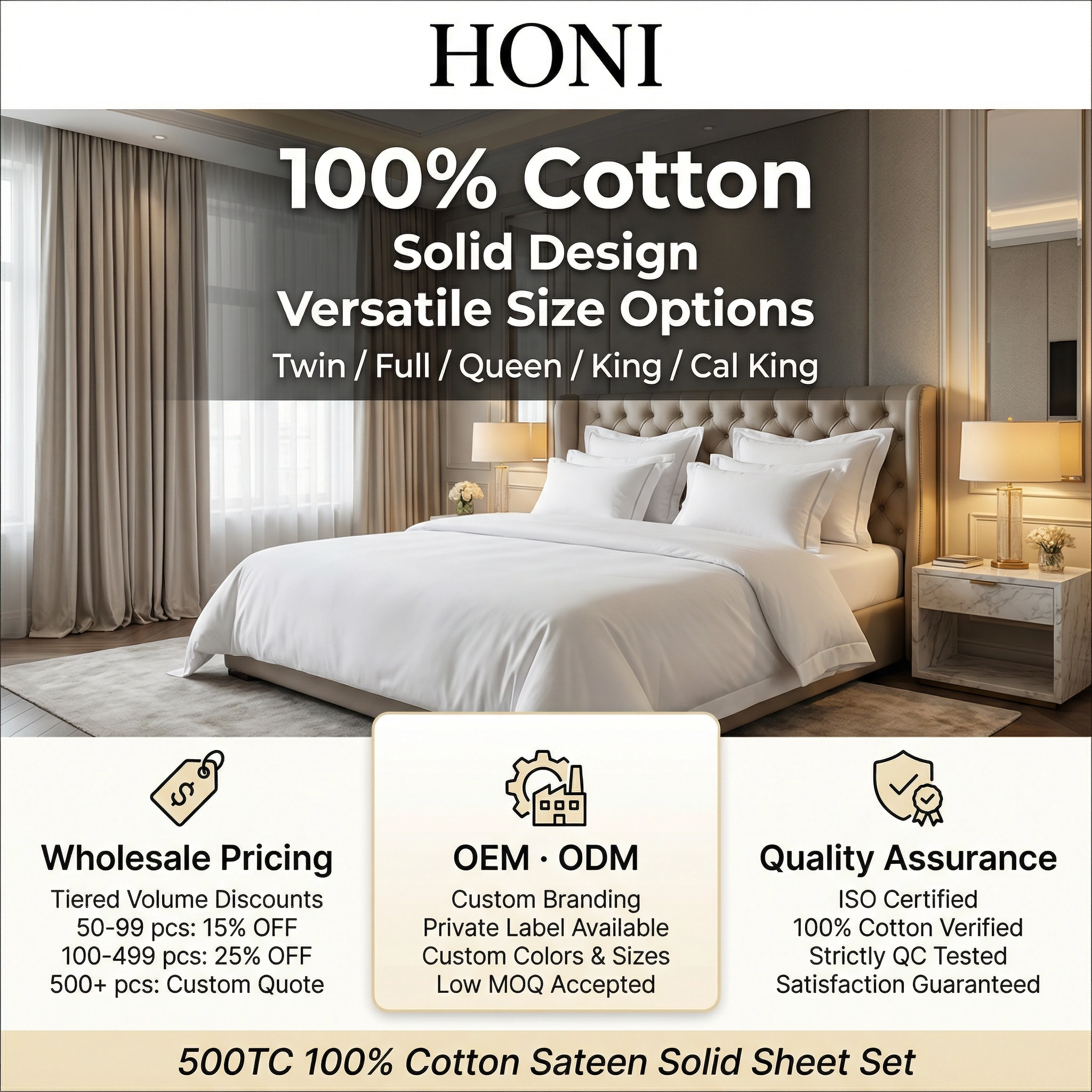 500TC 100% Cotton Sateen Dyed Sheet Set with Embroidered Header