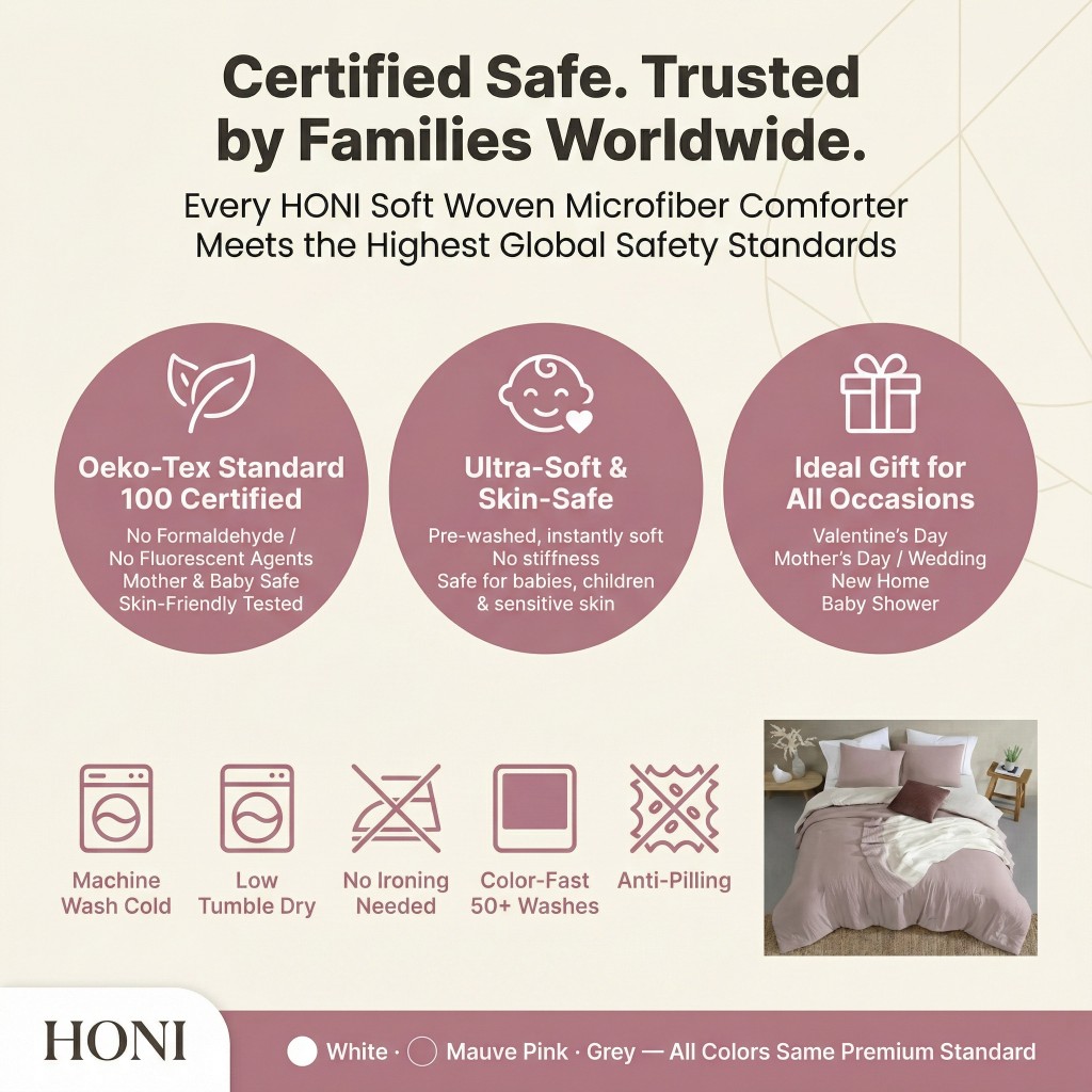 HONI 5-Piece Comforter Set – 100gsm Washed Brushed Microfiber | Naturally Breathable | Soft Woven with Smooth Hand Feel