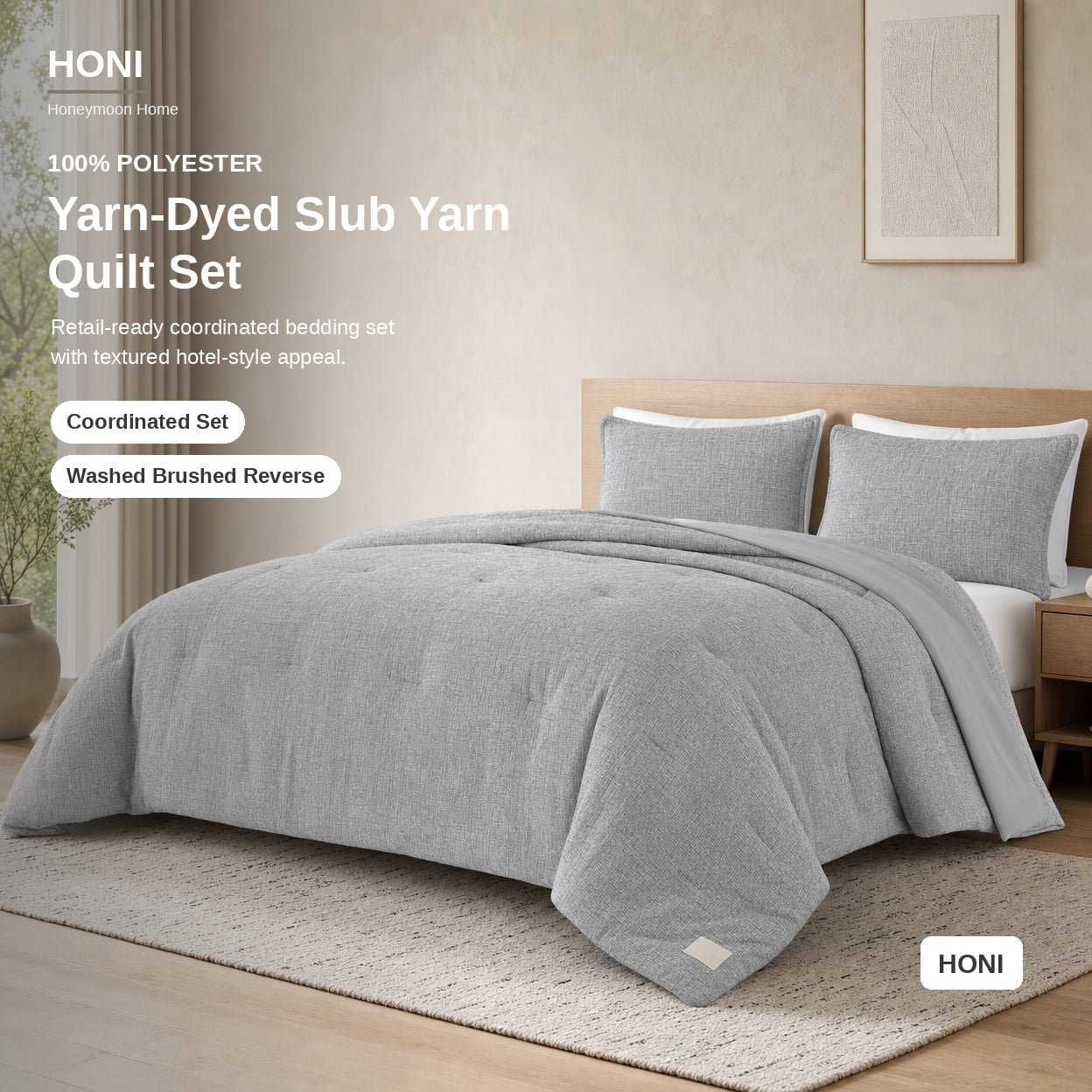HONI 80GSM Yarn-Dyed Slub Polyester Quilt Set – 3-Piece Hotel Style Bedding Set