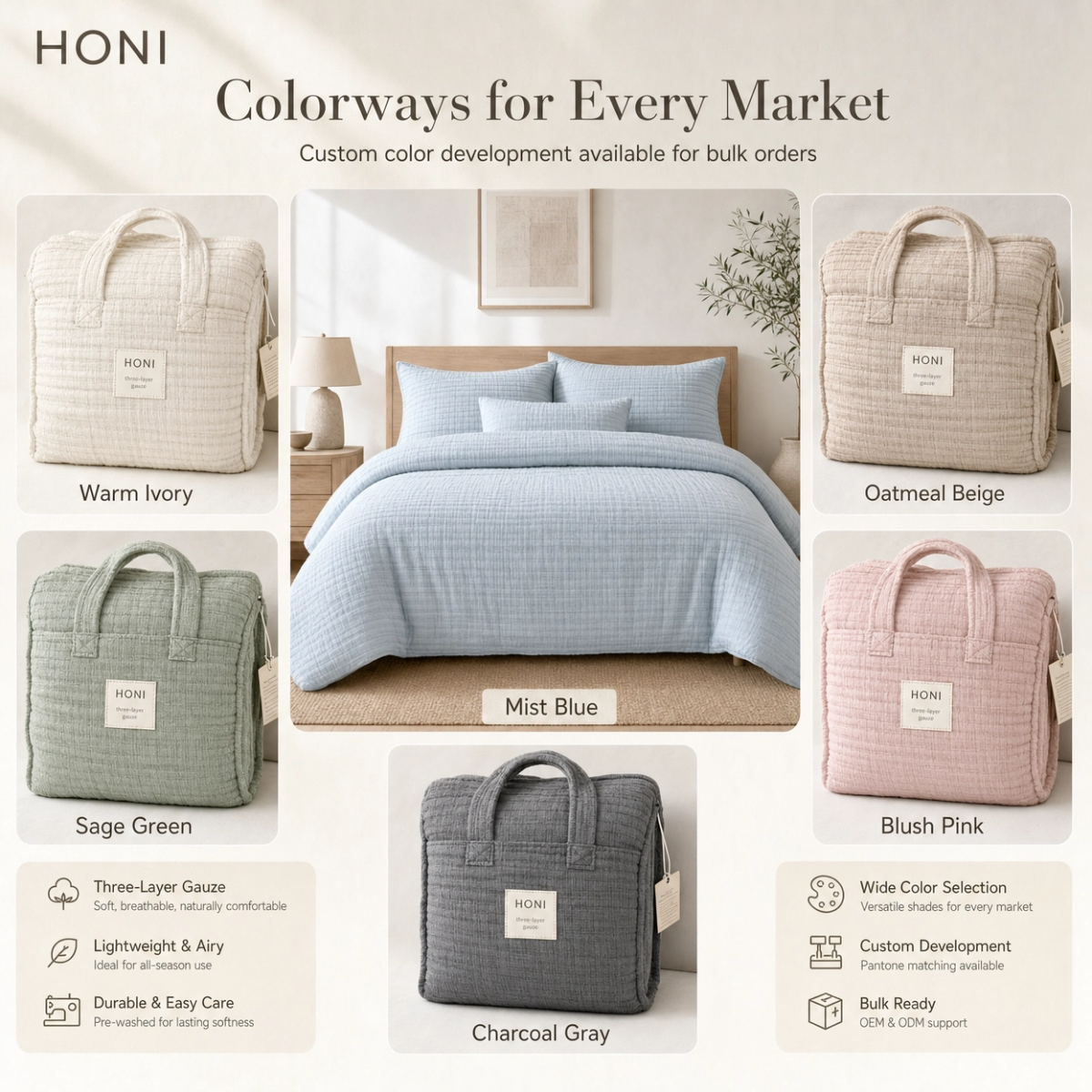 HONI 190gsm Striped Three-Layer Gauze + 85gsm Washed Brushed Fabric Duvet Cover Set – Soft Touch, Breathable & Buyer-Ready Comfort for Home, Hotel & Retail