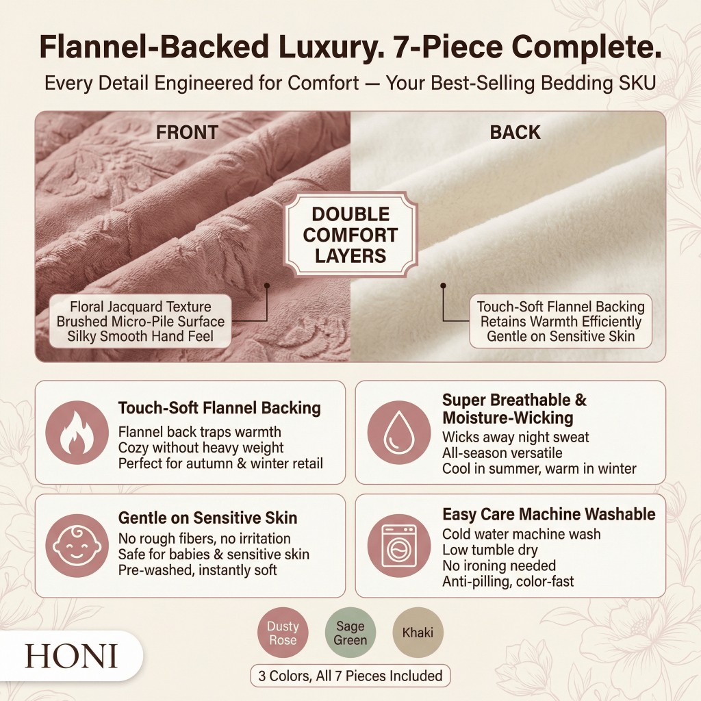 HONI Complete 7-Piece Bedding Set – Floral Texture Comforter with Touch-Soft Flannel Backing + Waffle Shams + Sheets + Decorative Pillows