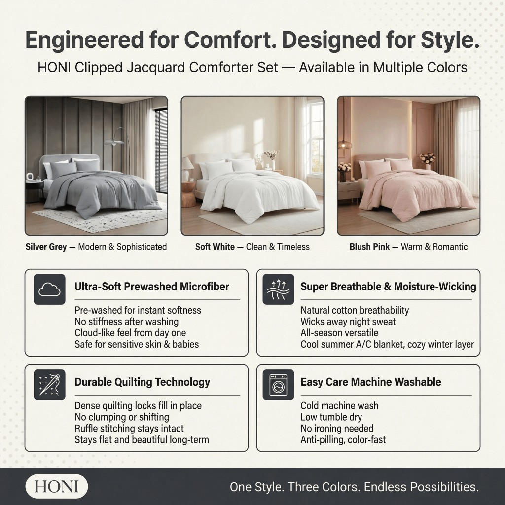 HONI 3-Piece Clipped Jacquard Comforter Set – 105gsm Clipped Jacquard Top + 90gsm Brushed Micro-fabric Reverse
