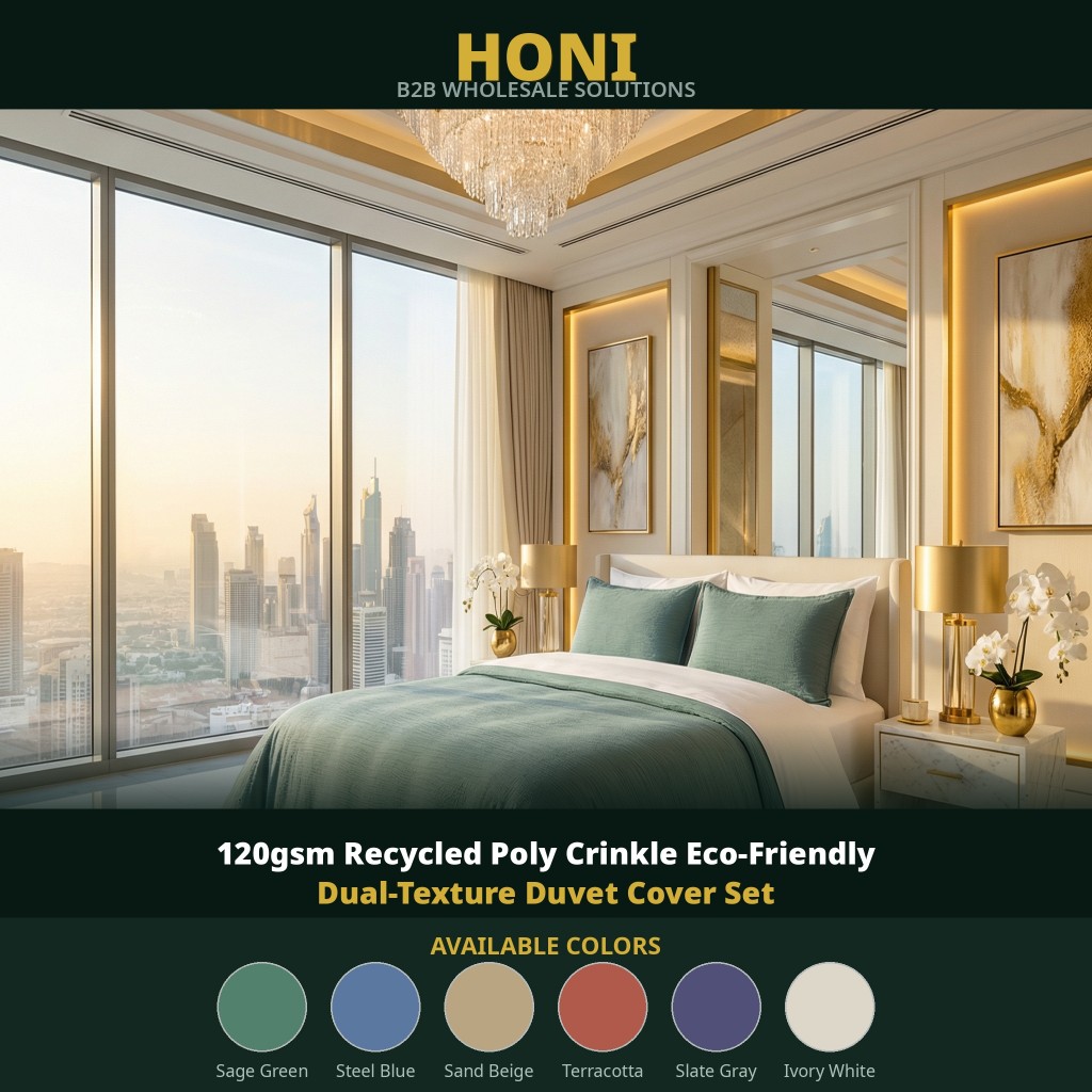HONI 120gsm Recycled Poly Crinkle Duvet Cover Set – Eco-Friendly Dual-Texture Bedding for All Seasons