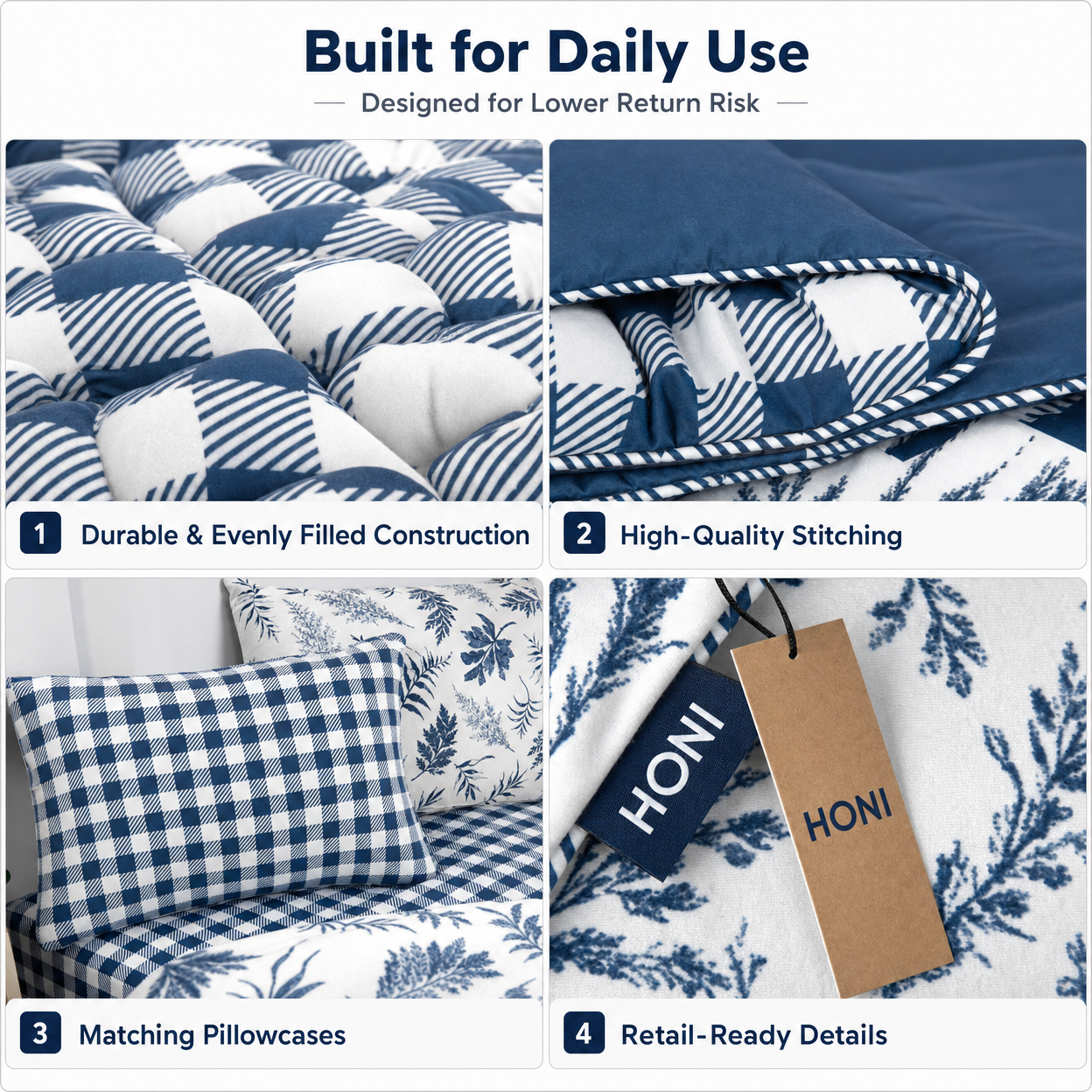 HONI 4-Piece Bedding Set-95gsm Printed & Dyed Quilt + 260gsm Double-Side Semi-Dull Flannel Blanket | Soft, Warm& Giftable for Real Homes