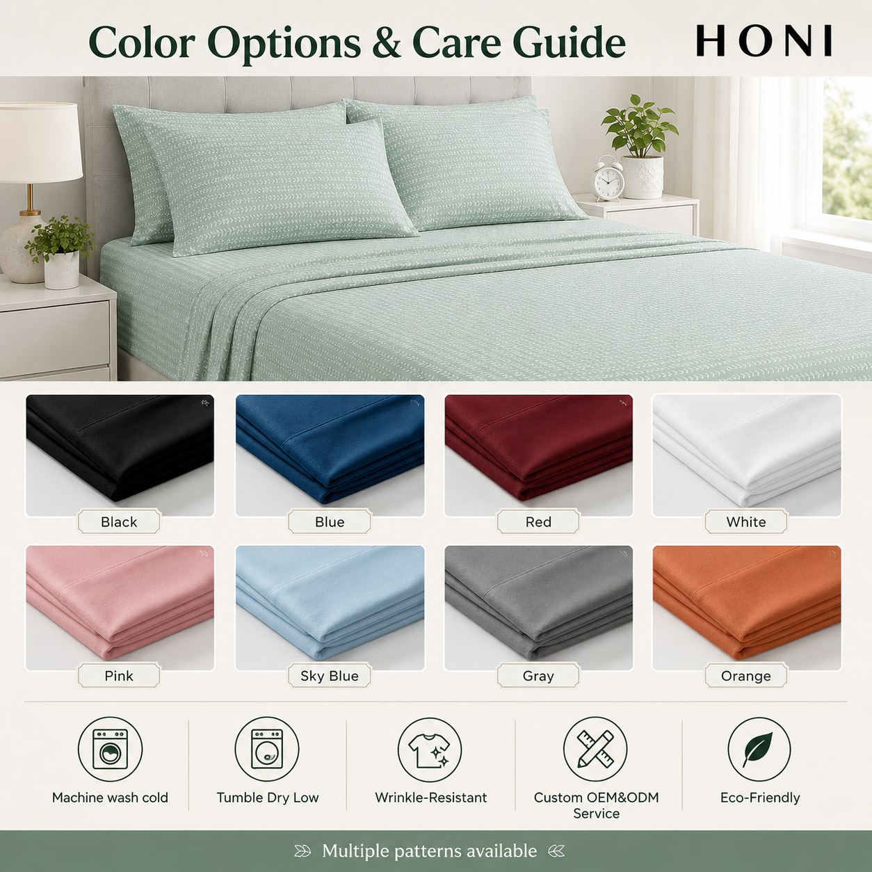 HONI 90gsm Pigment Printed Sheet Set – 4/6 Pieces – Multiple Colors & Custom Options Available