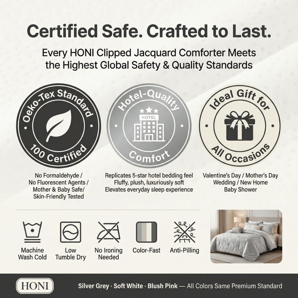 HONI 3-Piece Clipped Jacquard Comforter Set – 105gsm Clipped Jacquard Top + 90gsm Brushed Micro-fabric Reverse