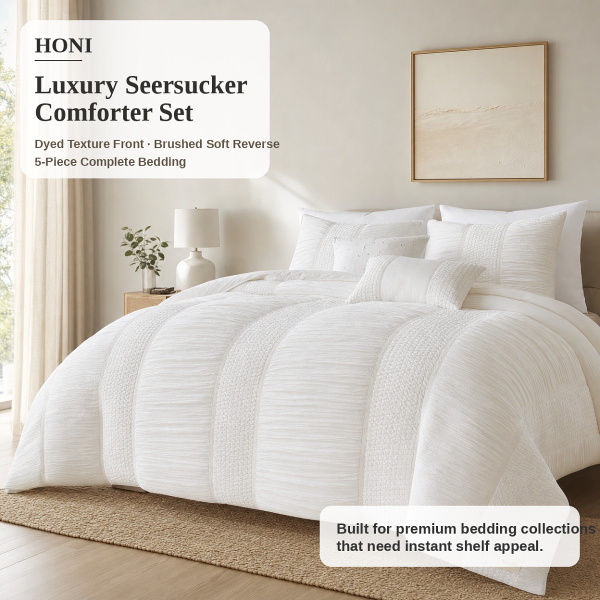 HONI Luxury 5-Piece Seersucker Comforter & Cushion Cover Set Dyed Fine-Stripe Front | Brushed Soft Reverse | 105gsm / 75gsm