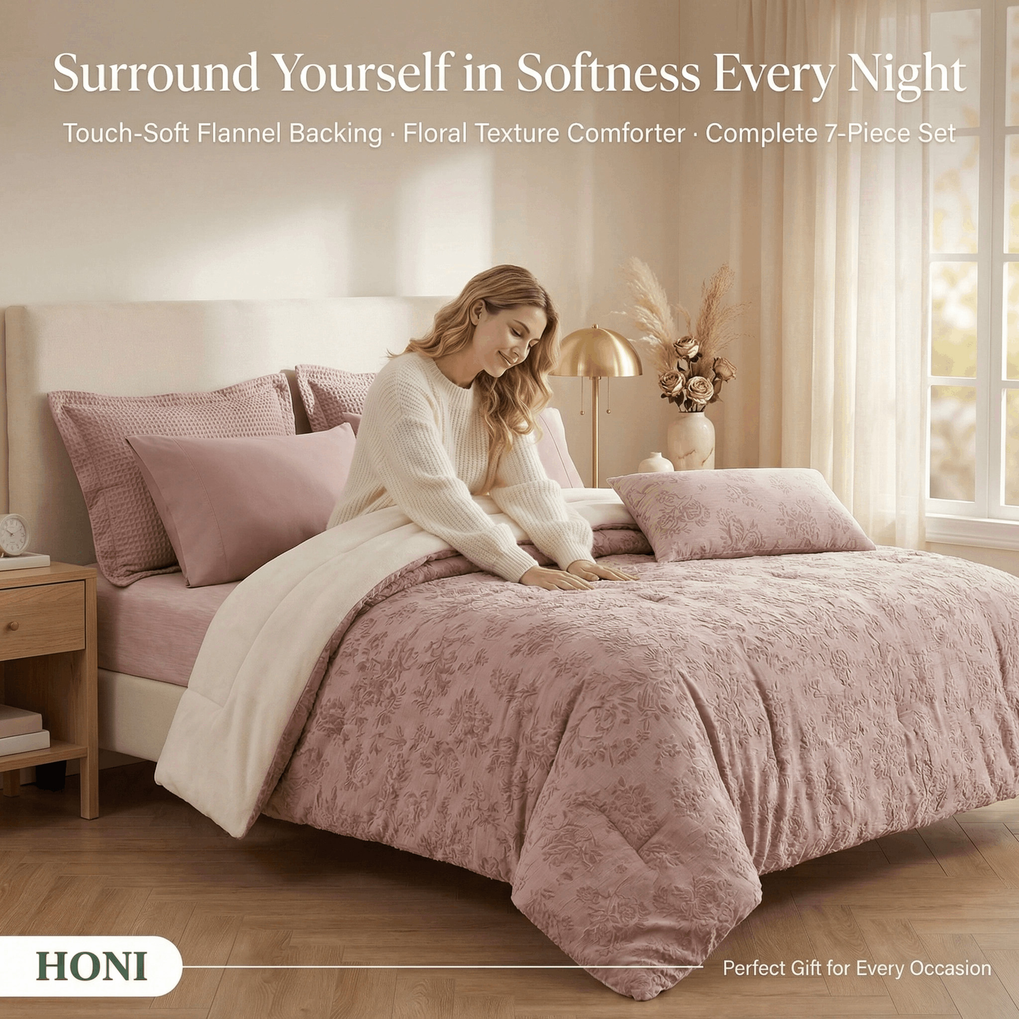 HONI Pink Floral Bed Comforter Soft and Cozy Shaggy Bedding Comforter Cover Striped Reversible Winter Warm Luxury Fuzzy Bed Set