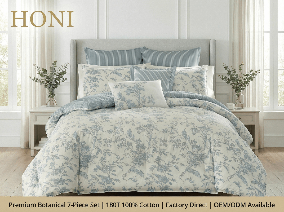 HONI 180T 100% Cotton Botanical 7-Piece Bedding Set – Fade-Resistant Print & 300gsm Non-Glue Fill details