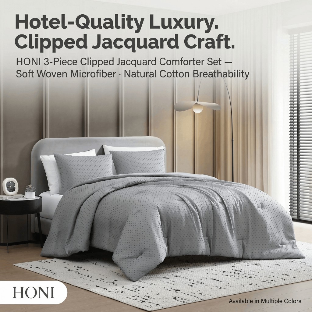 HONI 3-Piece Clipped Jacquard Comforter Set – 105gsm Clipped Jacquard Top + 90gsm Brushed Micro-fabric Reverse