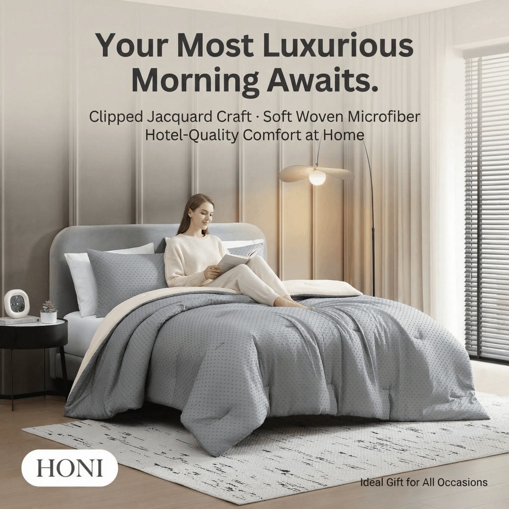 HONI 3-Piece Clipped Jacquard Comforter Set – 105gsm Clipped Jacquard Top + 90gsm Brushed Micro-fabric Reverse