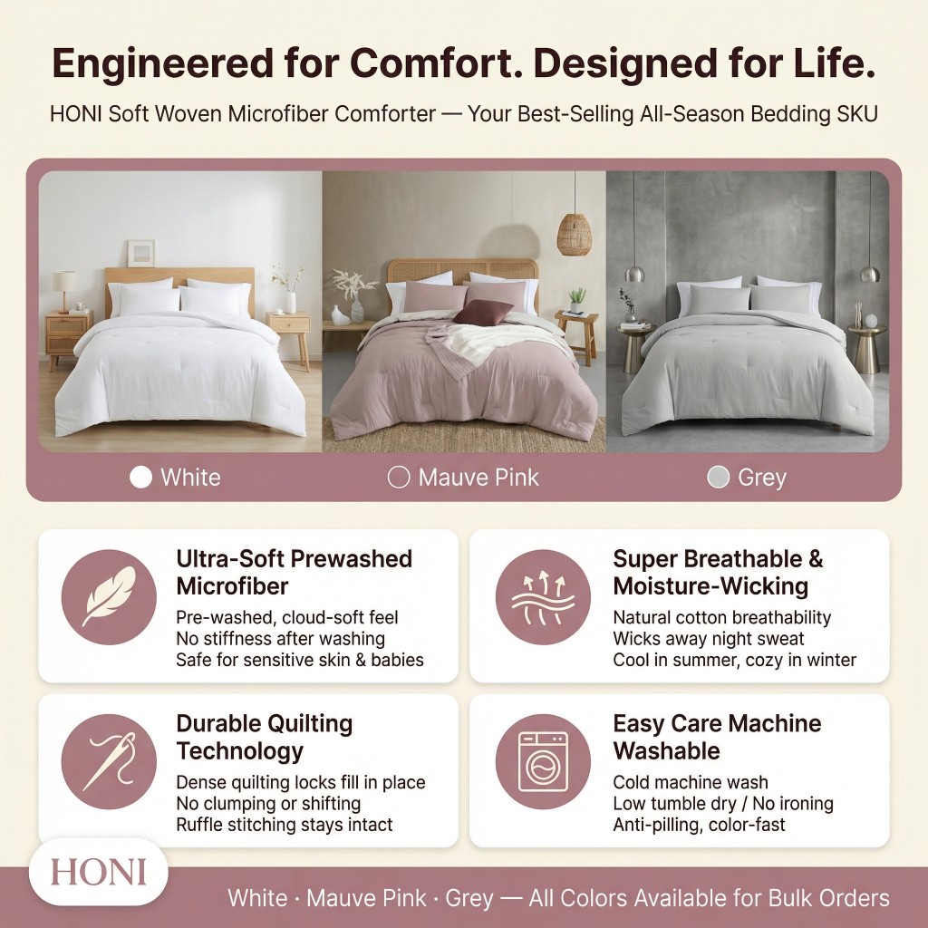 HONI 5-Piece Comforter Set – 100gsm Washed Brushed Microfiber | Naturally Breathable | Soft Woven with Smooth Hand Feel