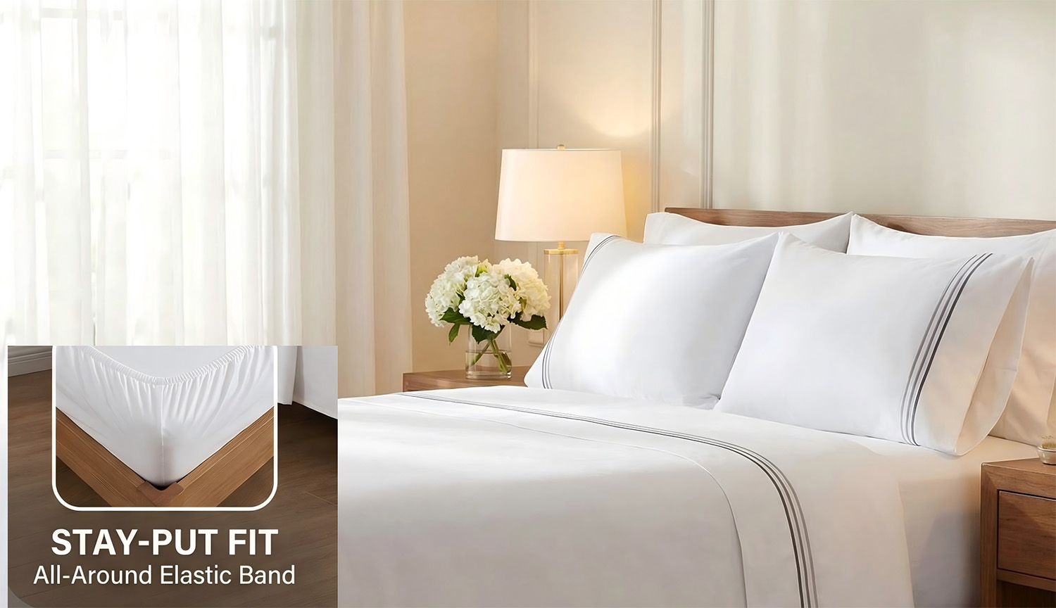 HONI Wholesale Bulk 200TC Cotton Sateen Flat Sheet Set Luxury Hotel Quality Wrinkle Resistant Bedspread OEKO-TEX Certified details