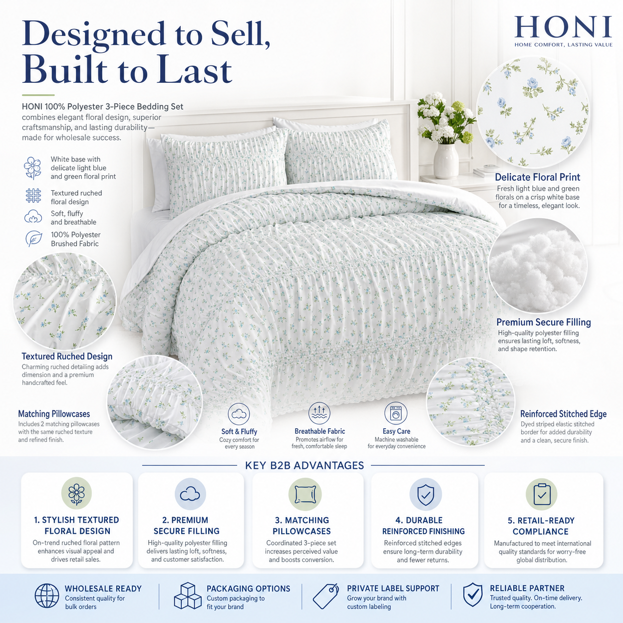 95gsm Printed Floral Comforter Set with Dyed Striped Lace & Elastic Embroidery-3-Piece Set