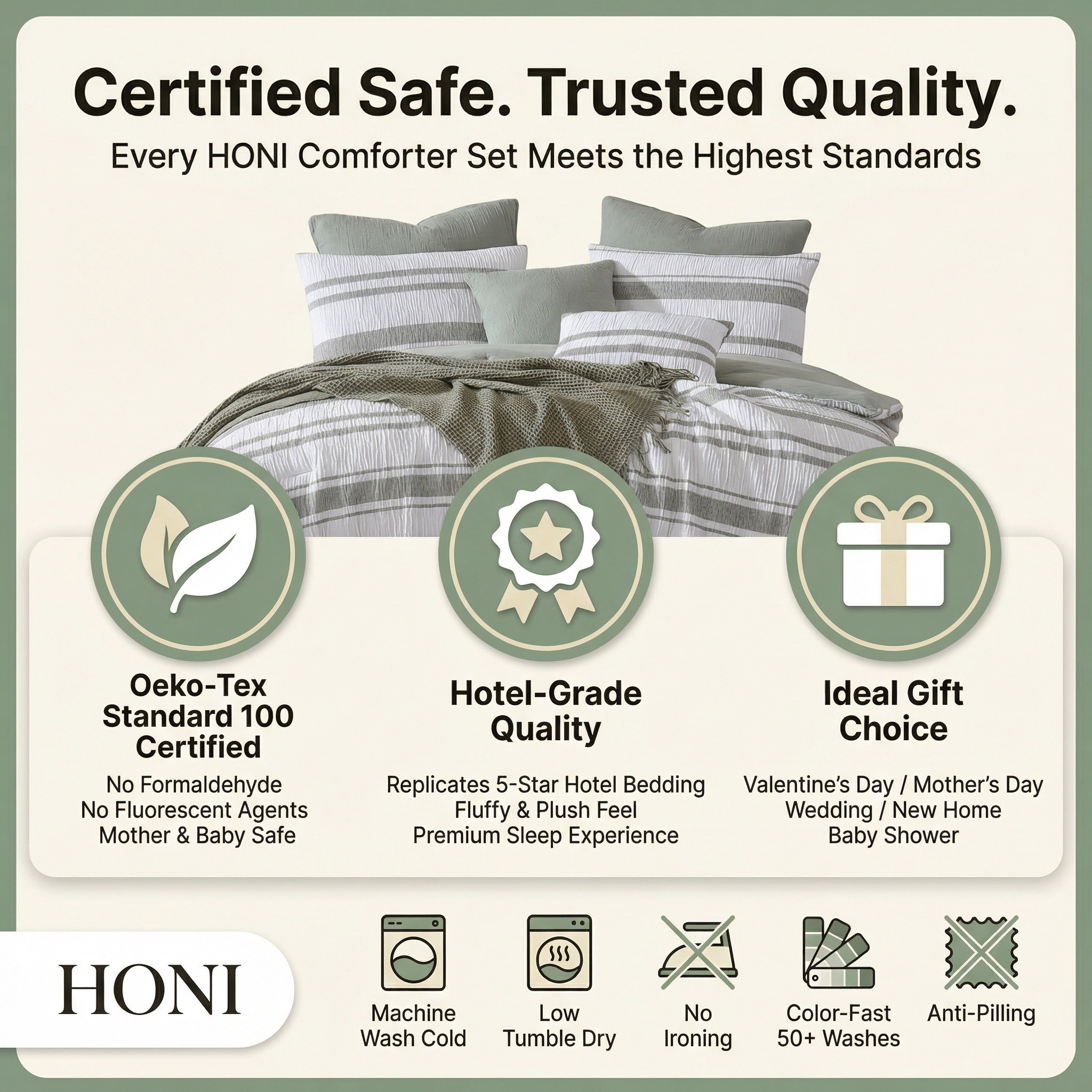 HONI Comfy Breathable All Season Lightweight Comforter Set 170gsm Yarn Dyed Waffle 8PC Comforter Set