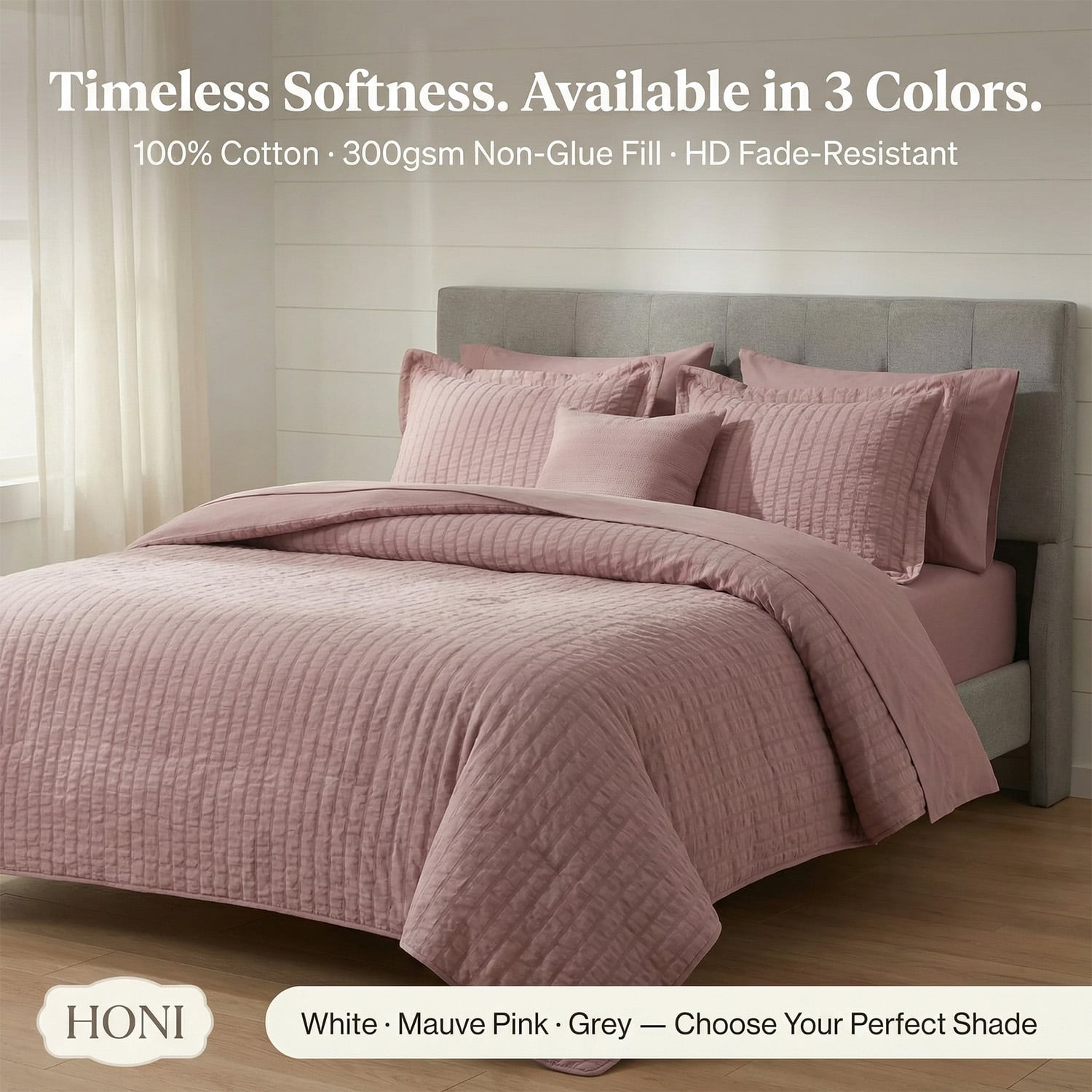 HONI Modern 5pcs Breathable Cooling 110gsm Seersucker Bedding Set 75gsm Solid Microfiber Comforter Set