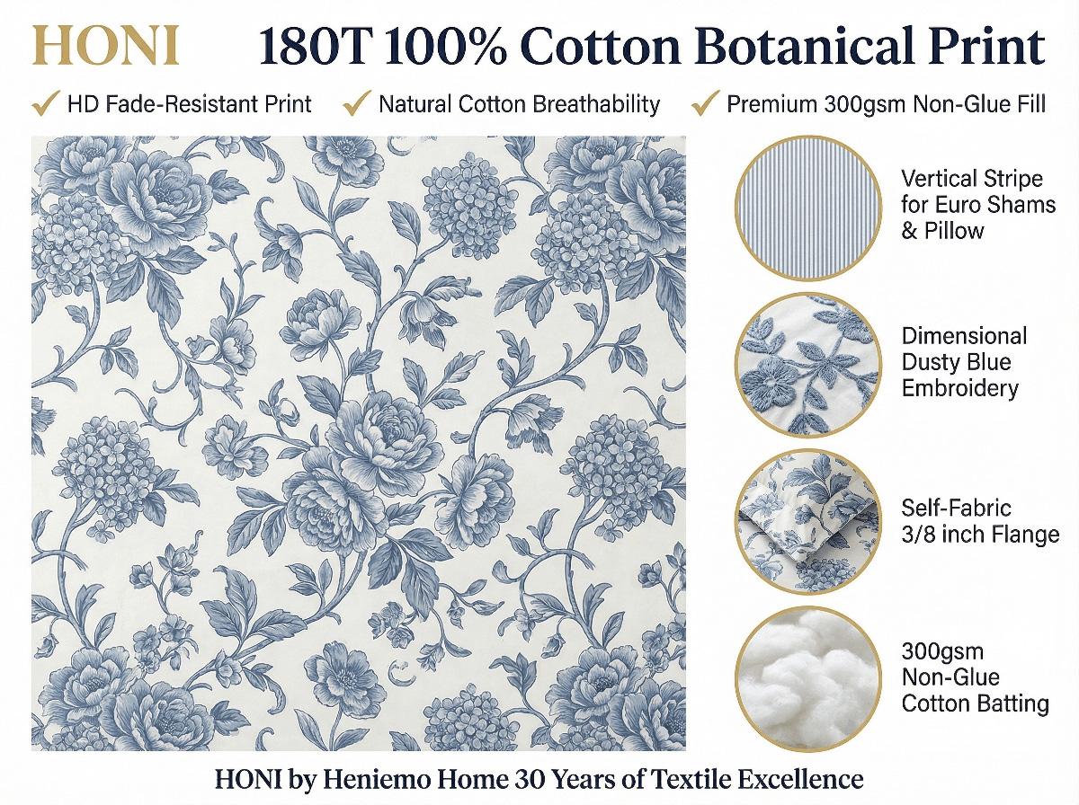 HONI 180T 100% Cotton Botanical 7-Piece Bedding Set – Fade-Resistant Print & 300gsm Non-Glue Fill factory