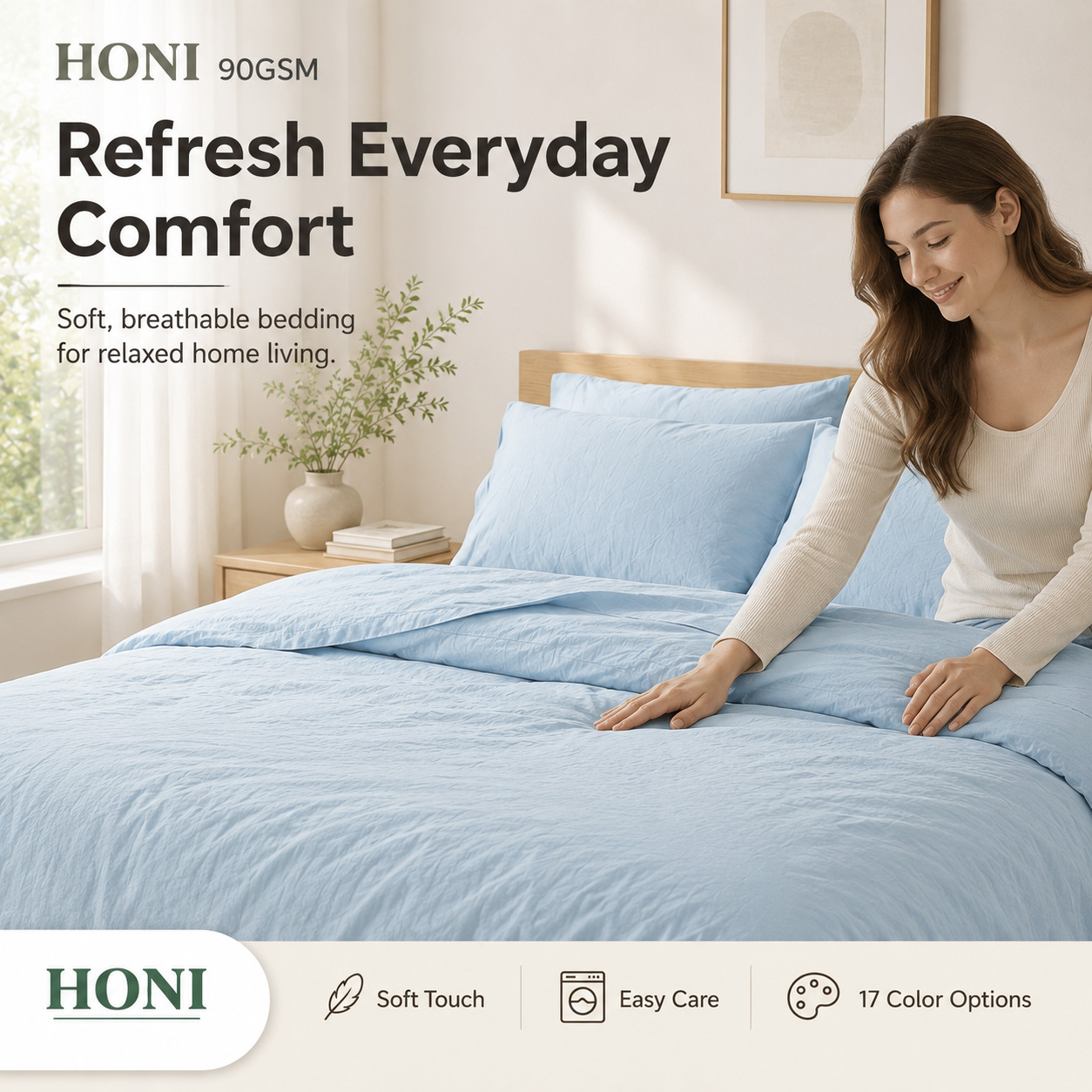 HONI 90GSM Washed Brushed Bed Sheet Set – Breathable, Moisture-Wicking & Temperature-Regulating